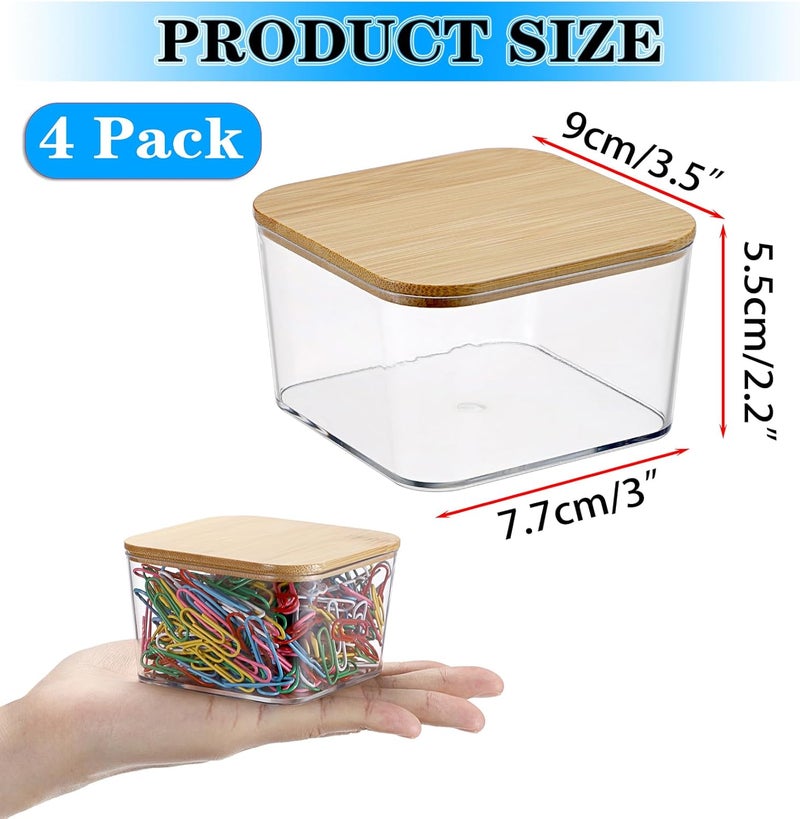 BTSKY 4 Pack Clear Stackable Paper Clip Holder with Bamboo Lid Paperclip Box Plastic Cute Office Supply Accessory Organizer Square Small Storage Holder Cute Qtip Holder for Office Bathroom Vanity - Image 3